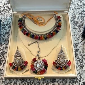 Multi-color Indian necklace tikka earrings set mehndi pithi mayoun